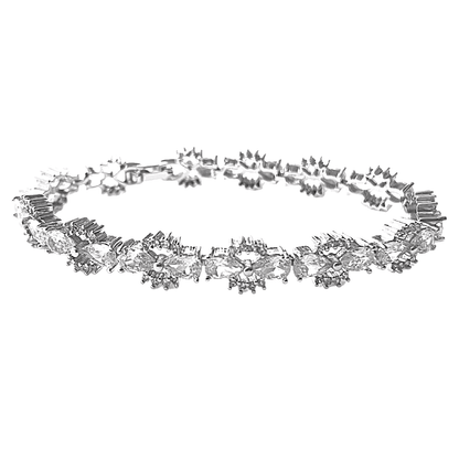 Silver tennis bracelet with bow-tie cubic zirconia links and clear stones