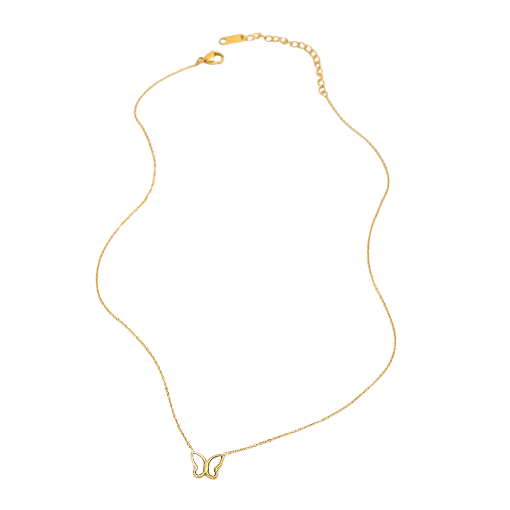Gold-tone butterfly pendant necklace laid flat, showing chain and small butterfly charm