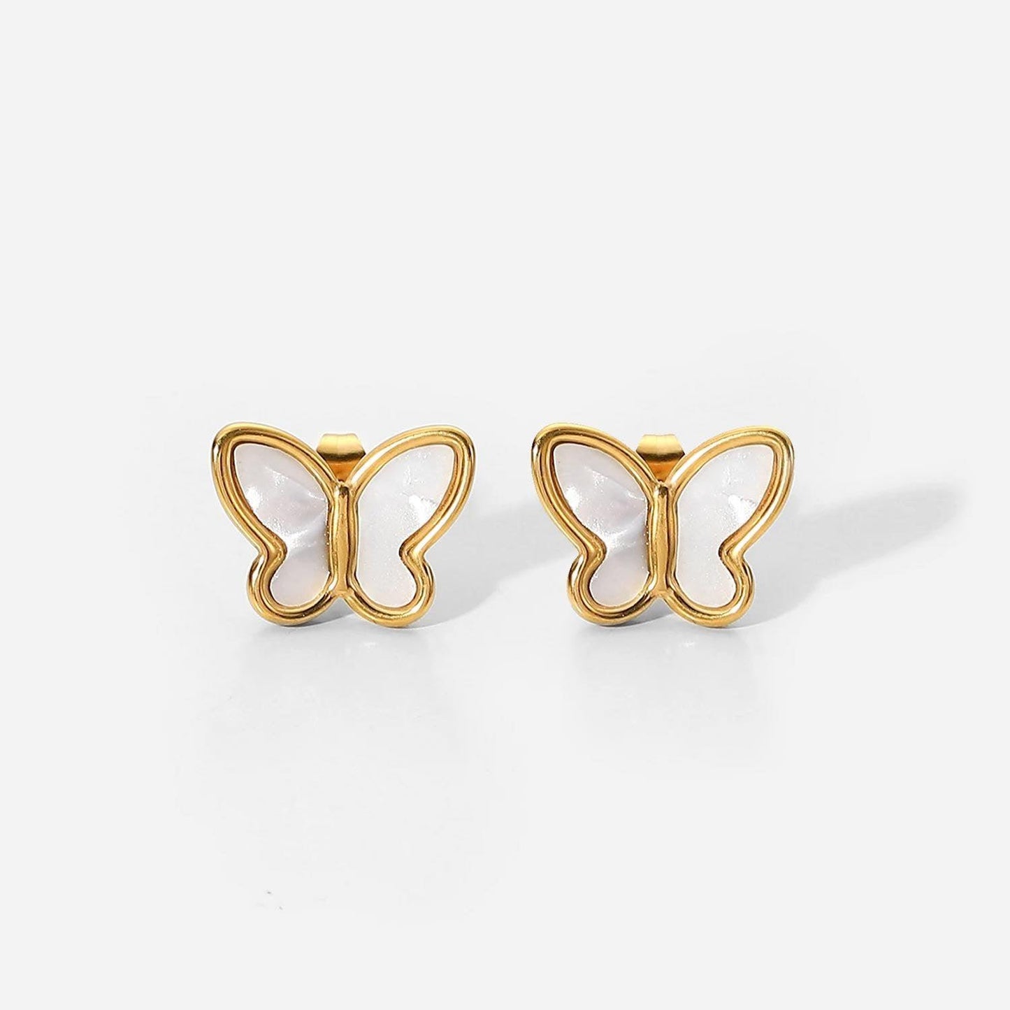 Gold butterfly stud earrings with mother-of-pearl inlay, matching pair front view