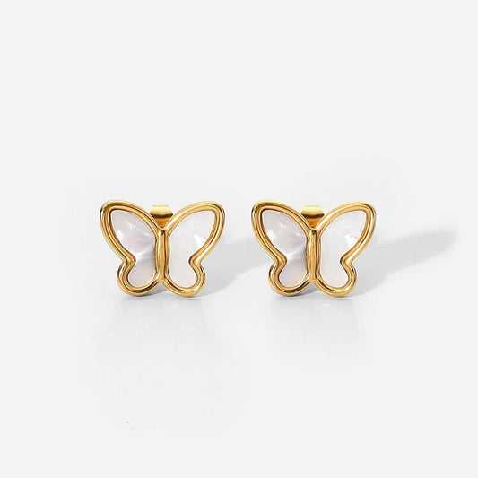 Gold butterfly stud earrings with mother-of-pearl inlay, matching pair front view