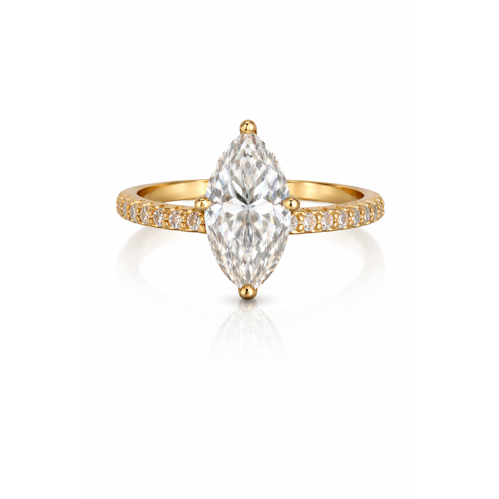 Marquise pavé solitaire ring with gold band and clear center stone