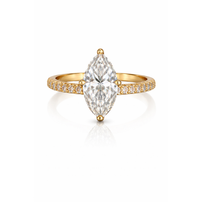 Marquise pavé solitaire ring with gold band and clear center stone