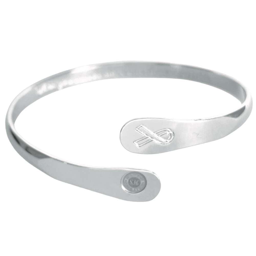 Silver metal awareness bracelet with engraved arrow-heart charm and round logo plate