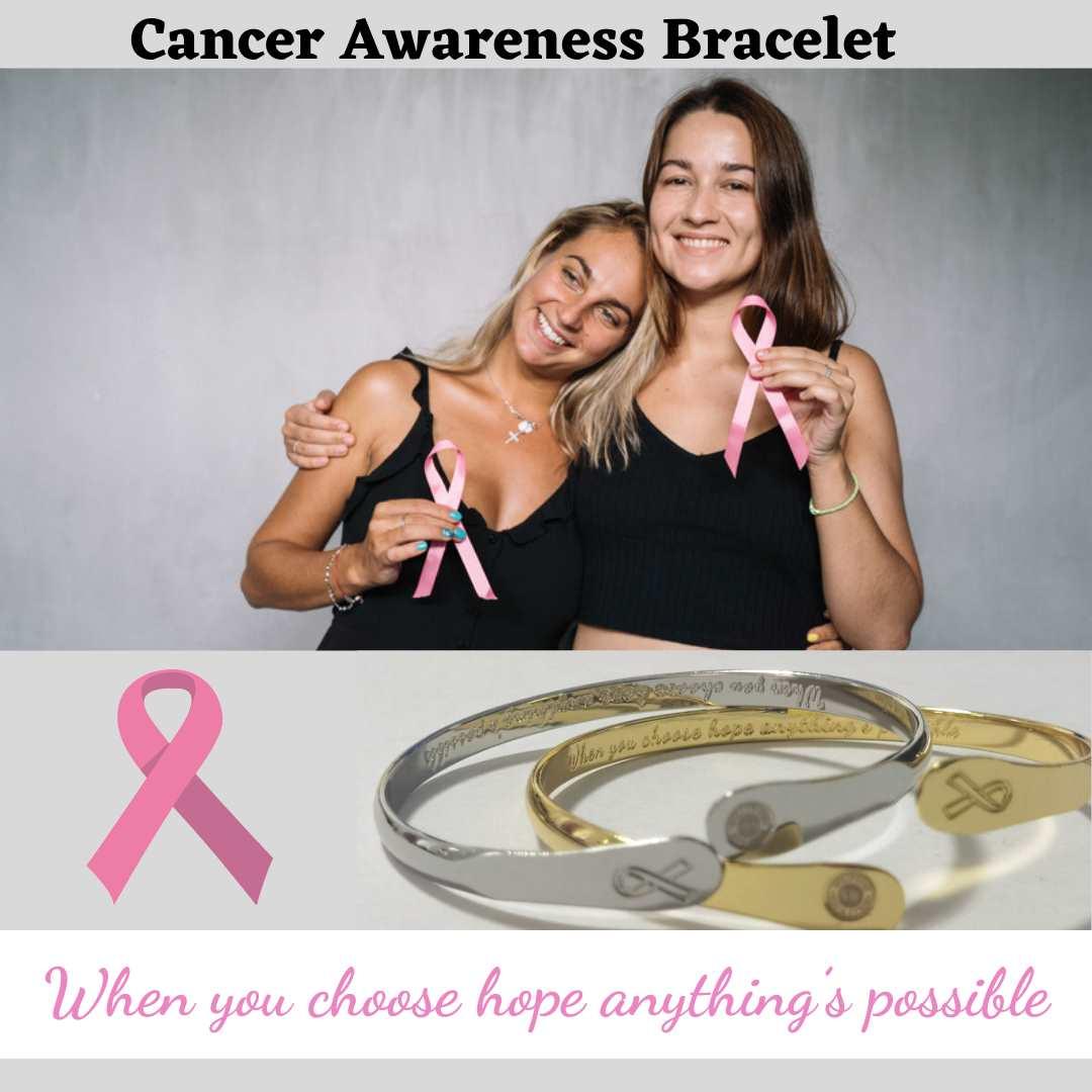Silver and gold engraved awareness bracelet set with hope text on the cuffs