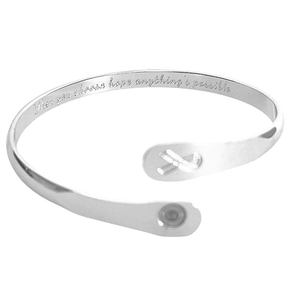 Silver engraved awareness bracelet with ribbon charm, oval plaque medallion