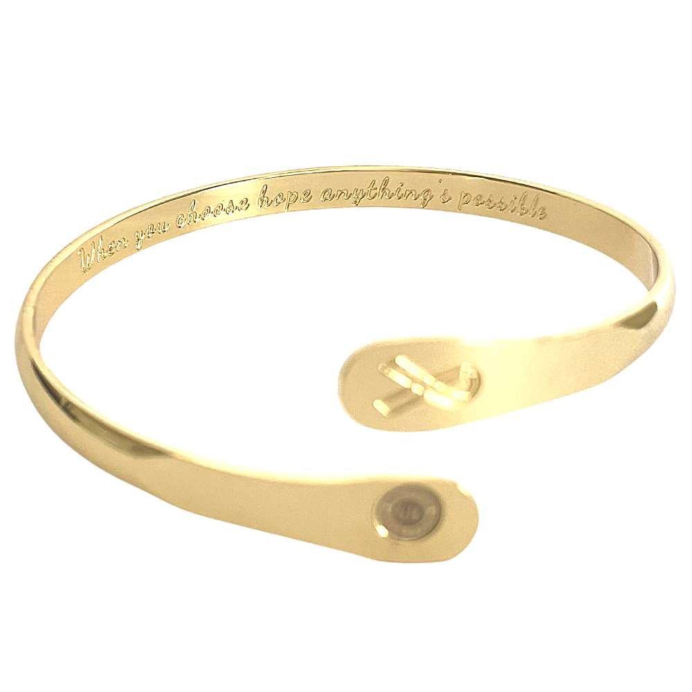 Gold engraved awareness bracelet with ribbon charm, oval plaque medallion