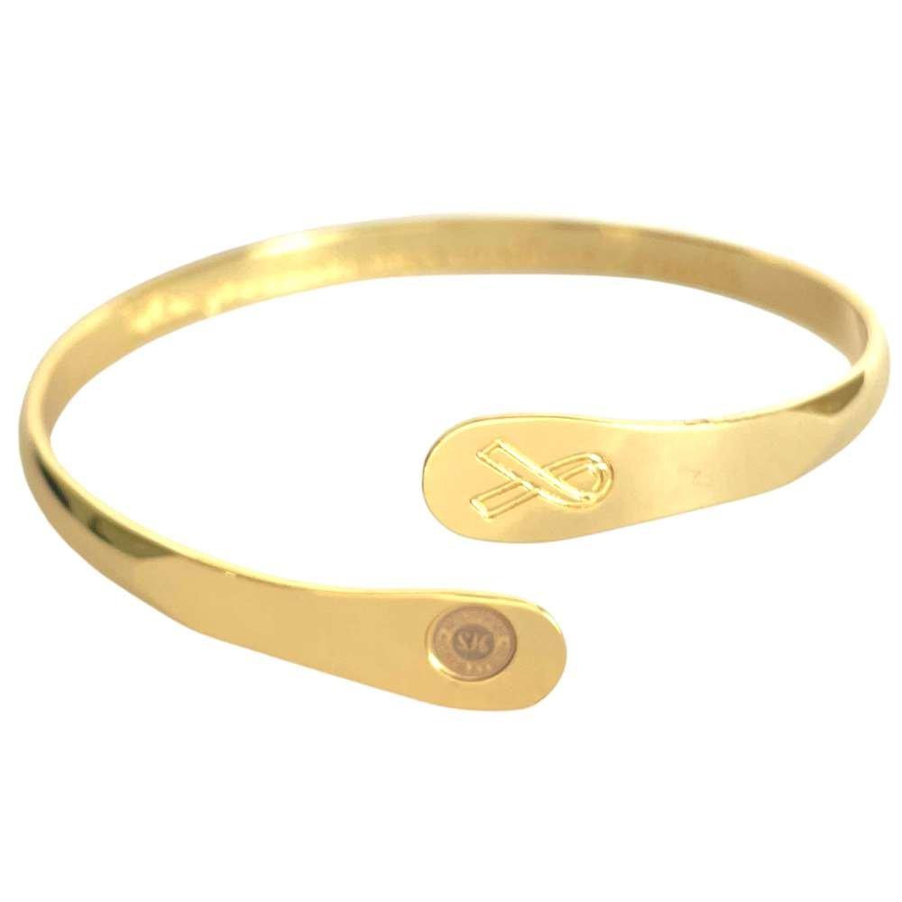 Gold metal awareness bracelet with engraved arrow-heart charm and round logo plate