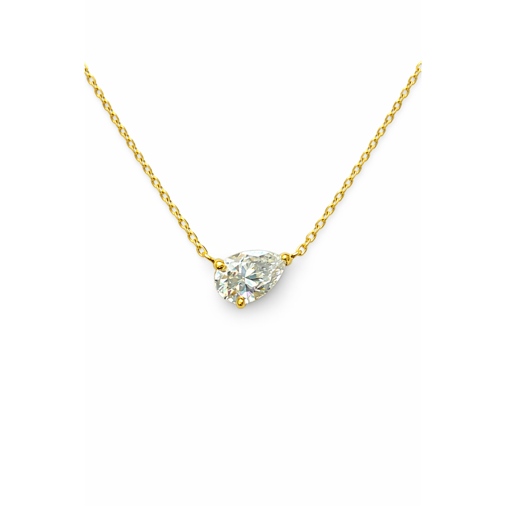 Gold pear-shaped solitaire necklace with a clear gemstone teardrop pendant
