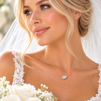Gold pear solitaire pendant necklace worn with bridal veil and lace neckline