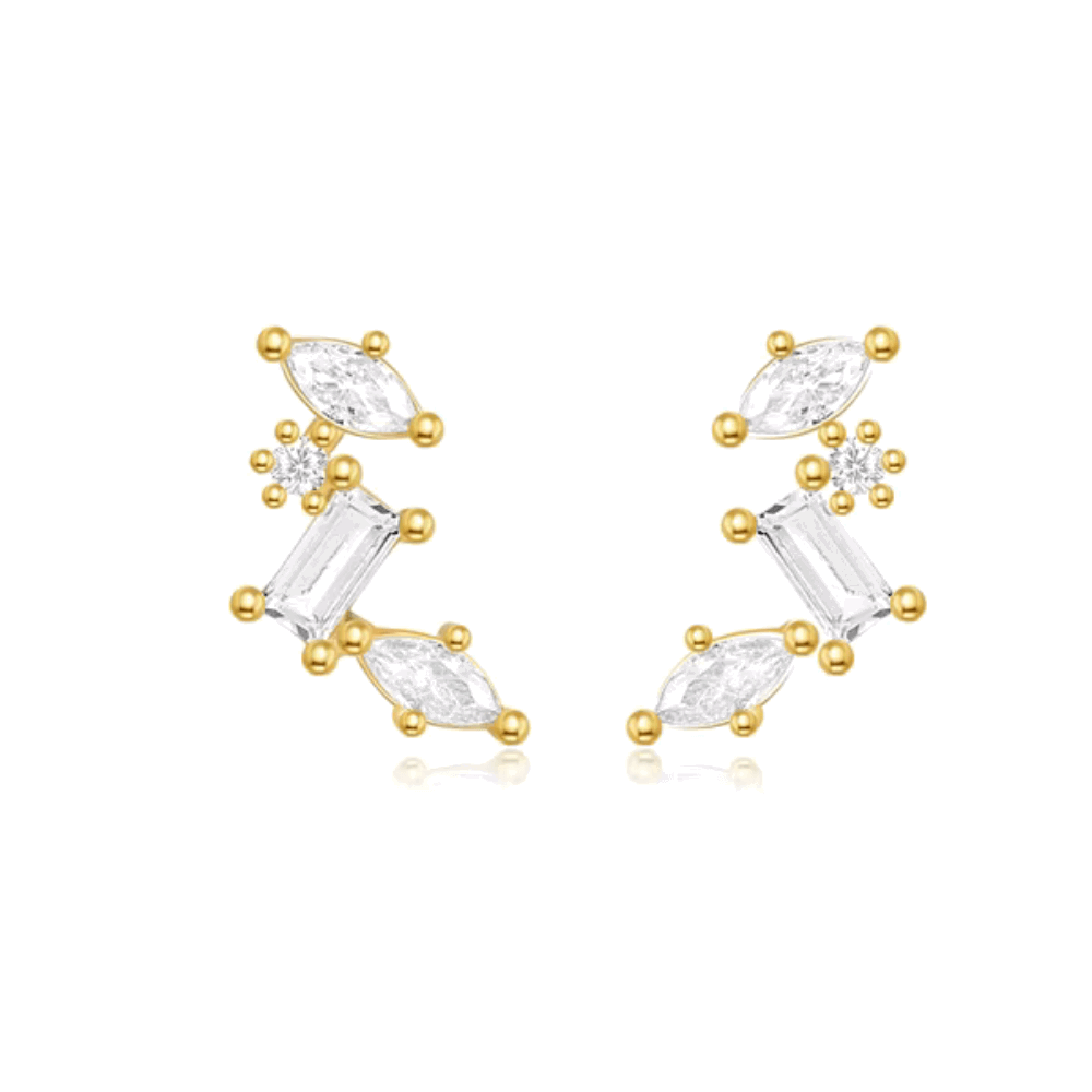 Gold-tone celestial cluster earrings with oval, baguette, and round CZ stones