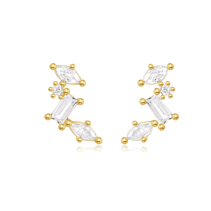 Gold-tone celestial cluster earrings with oval, baguette, and round CZ stones