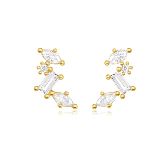 Gold-tone celestial cluster earrings with oval, baguette, and round CZ stones