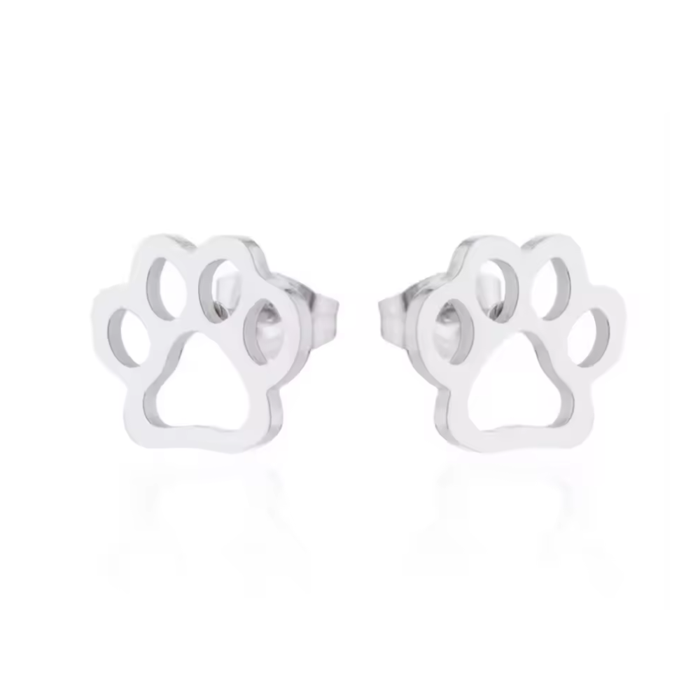 Silver-tone paw print stud earrings with round post backing