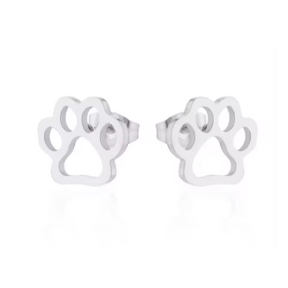 Silver-tone paw print stud earrings with round post backing