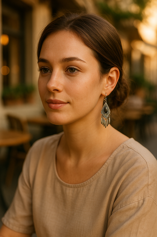 Black Cat's Eye Stone Boho Dangle Earrings
