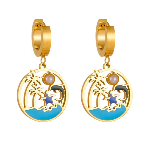 Gold-tone hoop drop earrings with turquoise round enamel and pearl charm