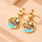 Gold-tone hoop drop earrings with turquoise enamel medallion and pearl