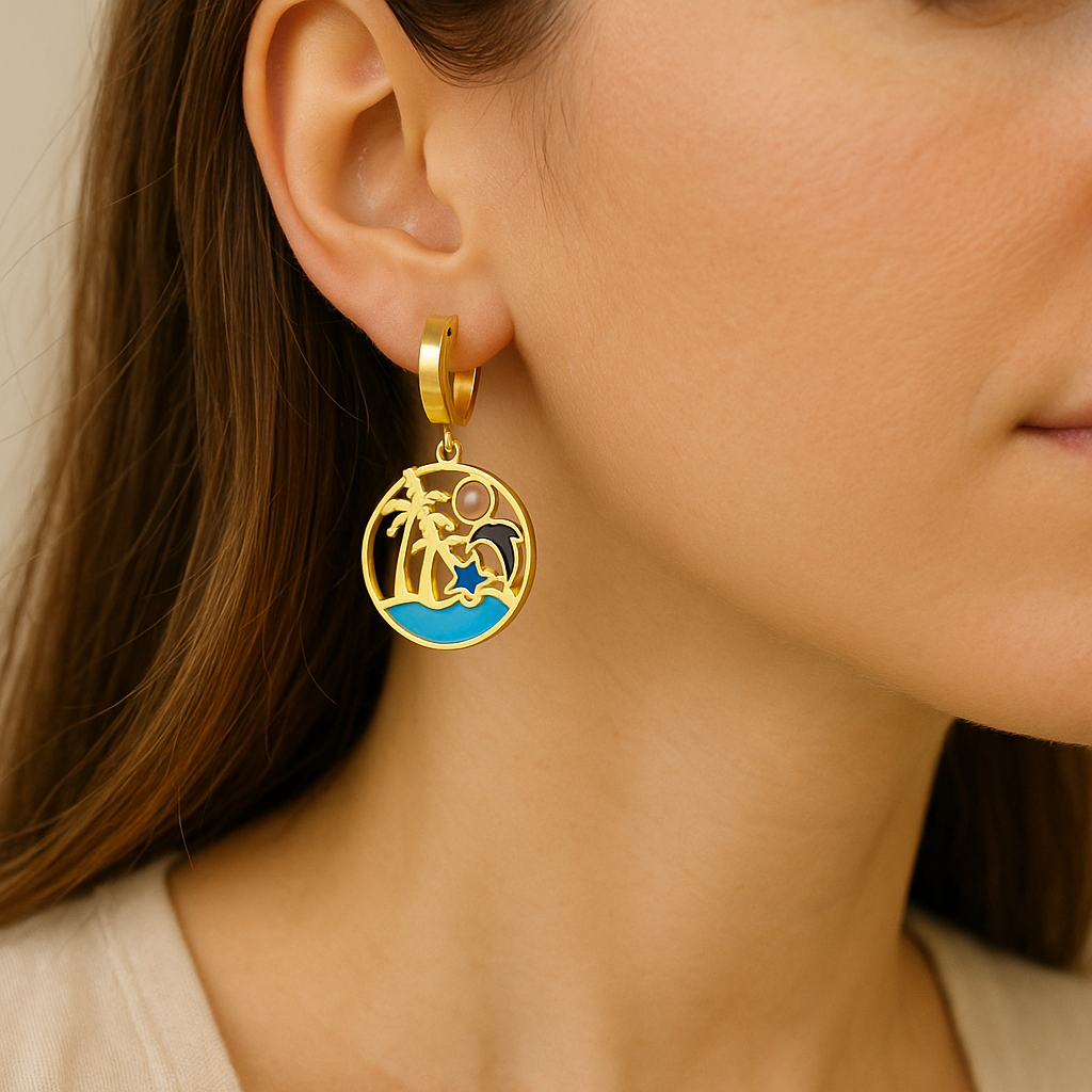 Gold-tone hoop drop earrings on model: turquoise enamel medallion with pearl