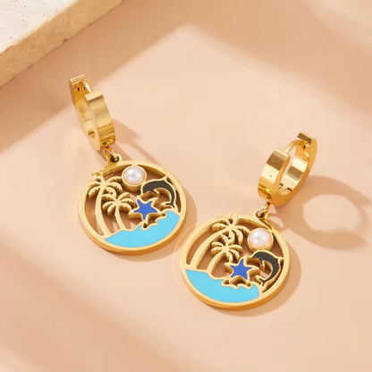 Gold-tone hoop drop earrings with turquoise enamel circle and pearl detail