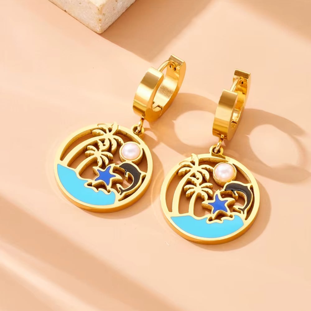 Gold-tone hoop drop earrings with turquoise enamel medallion and pearl