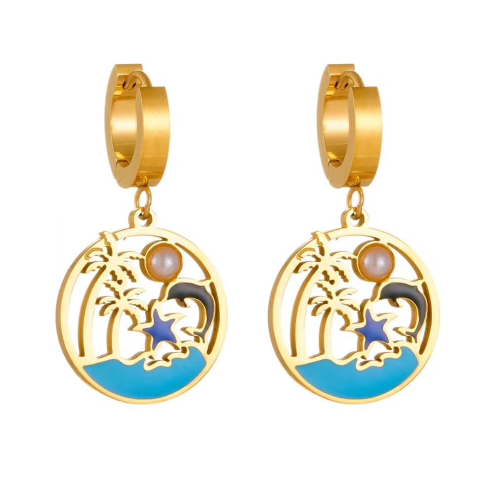 Gold-tone hoop drop earrings with turquoise round enamel and pearl charm