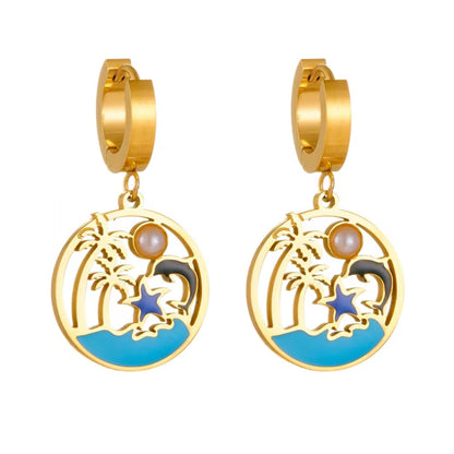 Gold-tone hoop drop earrings with turquoise round enamel and pearl charm