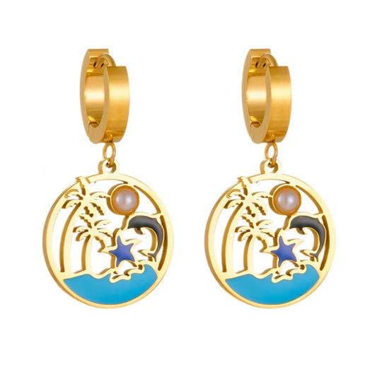 Gold-tone hoop drop earrings with turquoise round enamel and pearl charm