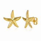 Gold starfish stud earrings with textured starfish, push-back posts