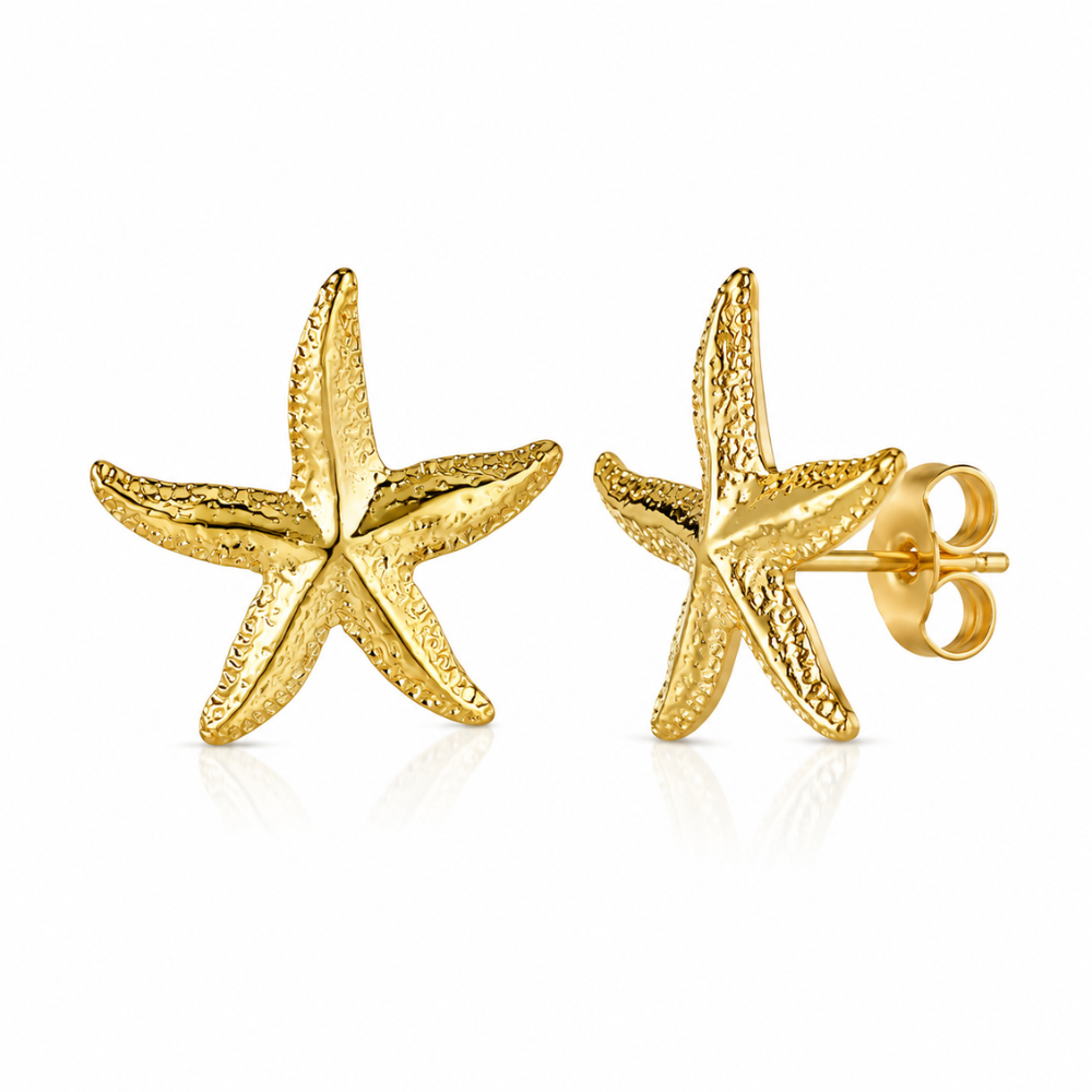 Gold starfish stud earrings with textured starfish, push-back posts