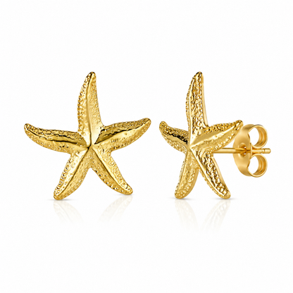 Gold starfish stud earrings with textured starfish, push-back posts