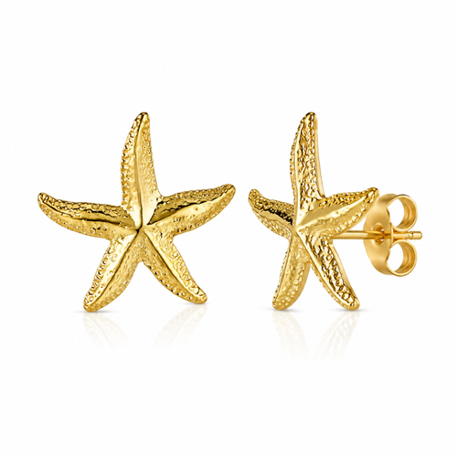 Gold starfish stud earrings with textured starfish, push-back posts