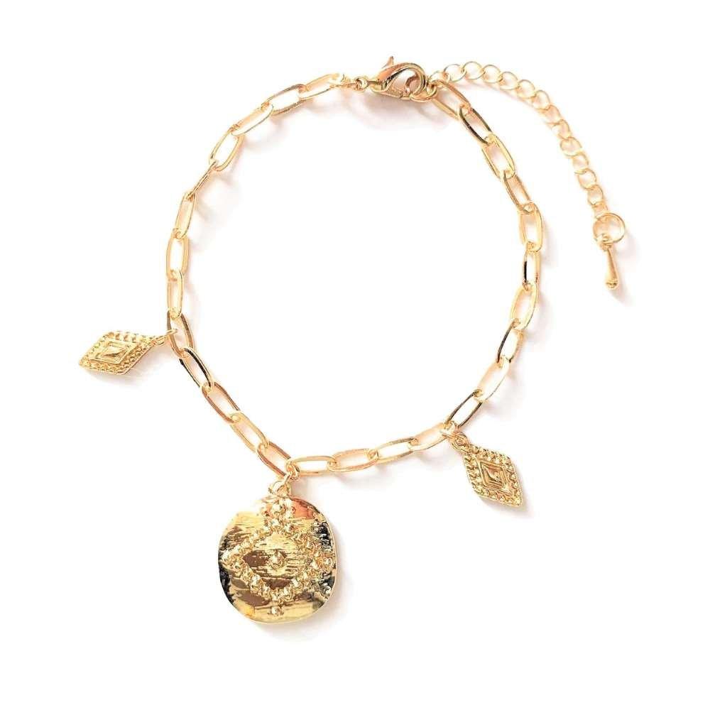 Gold coin charm bracelet with round coin pendant and leaf charms, linked chain