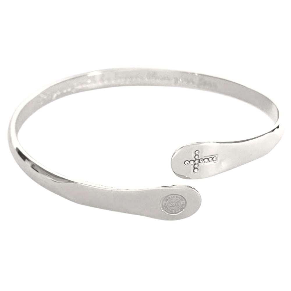 Silver cross faith bracelet cuff with engraved text and small cross charm on the side