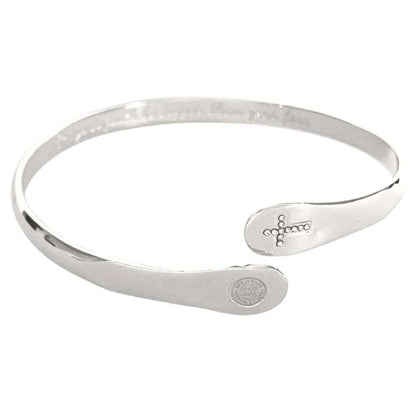Silver cross faith bracelet cuff with engraved text and small cross charm on the side