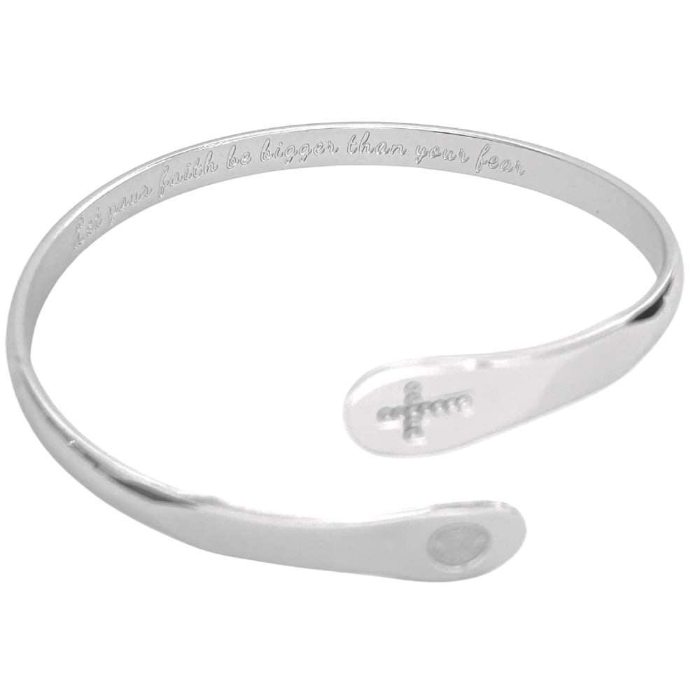 Silver cross bracelet with engraved faith message and cross motif on center
