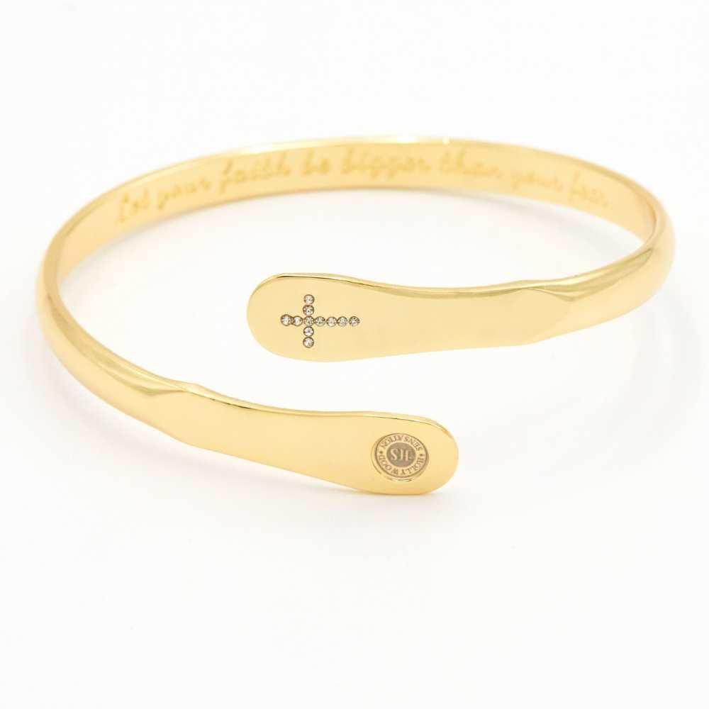 Gold cross faith bracelet with small cross charm and engraved oval tag