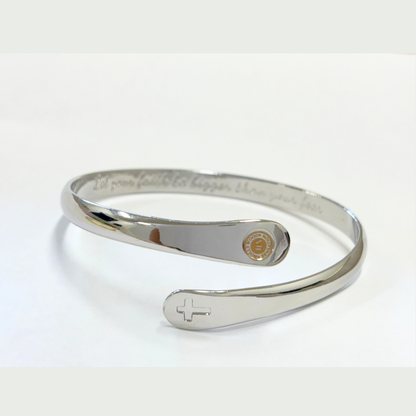 Silver cross cuff bracelet with engraved faith quote and small round clasp