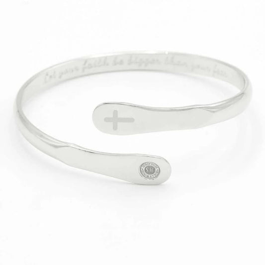 Silver cross faith bracelet with small cross charm and engraved oval tag