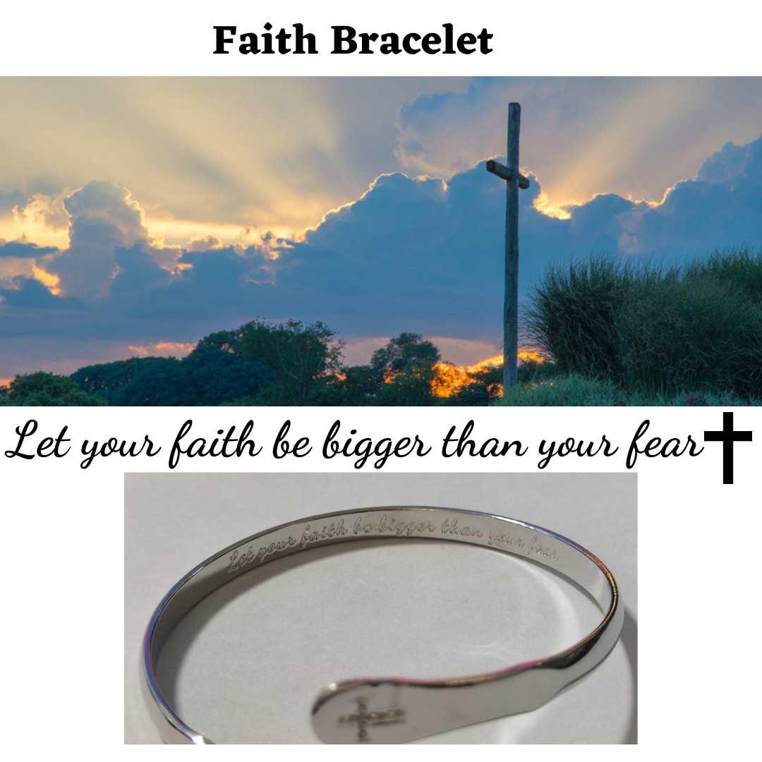 Silver faith bracelet cuff with cross charm and engraved message on the inner band