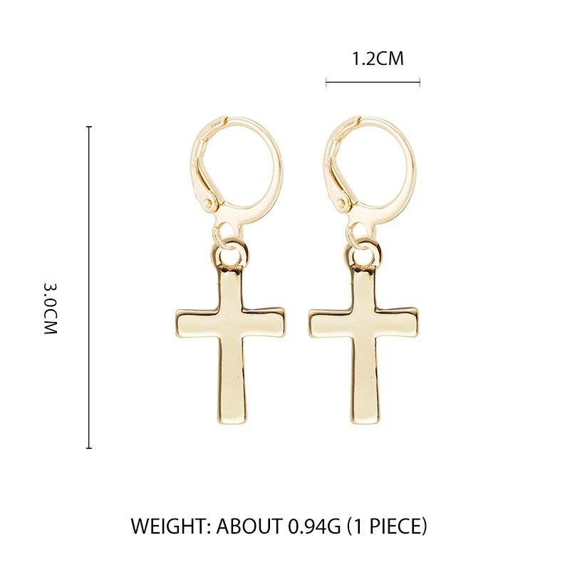 Gold cross dangle hoop earrings, 3 cm drop, 1.2 cm width, small cross charms