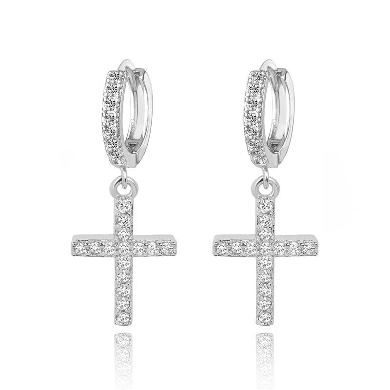 Silver cross dangle hoop earrings with clear cubic zirconia, pair view