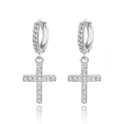 Silver cross dangle hoop earrings with clear cubic zirconia, pair view