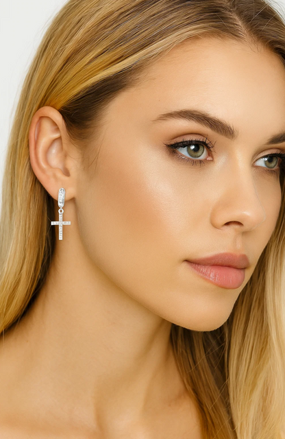 Cross dangle earrings with cubic zirconia, silver cross with sparkling stones