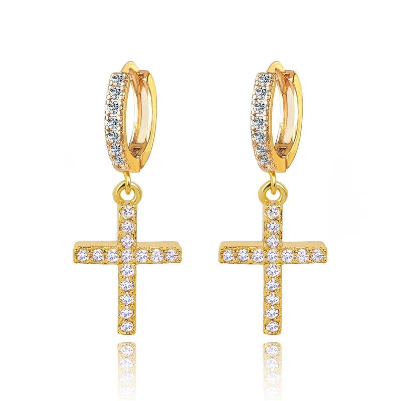 Gold cross dangle hoop earrings with clear cubic zirconia, pair view