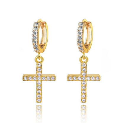 Gold cross dangle hoop earrings with clear cubic zirconia, pair view
