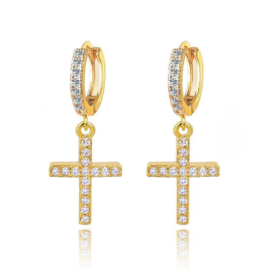 Gold cross dangle hoop earrings with clear cubic zirconia, pair view