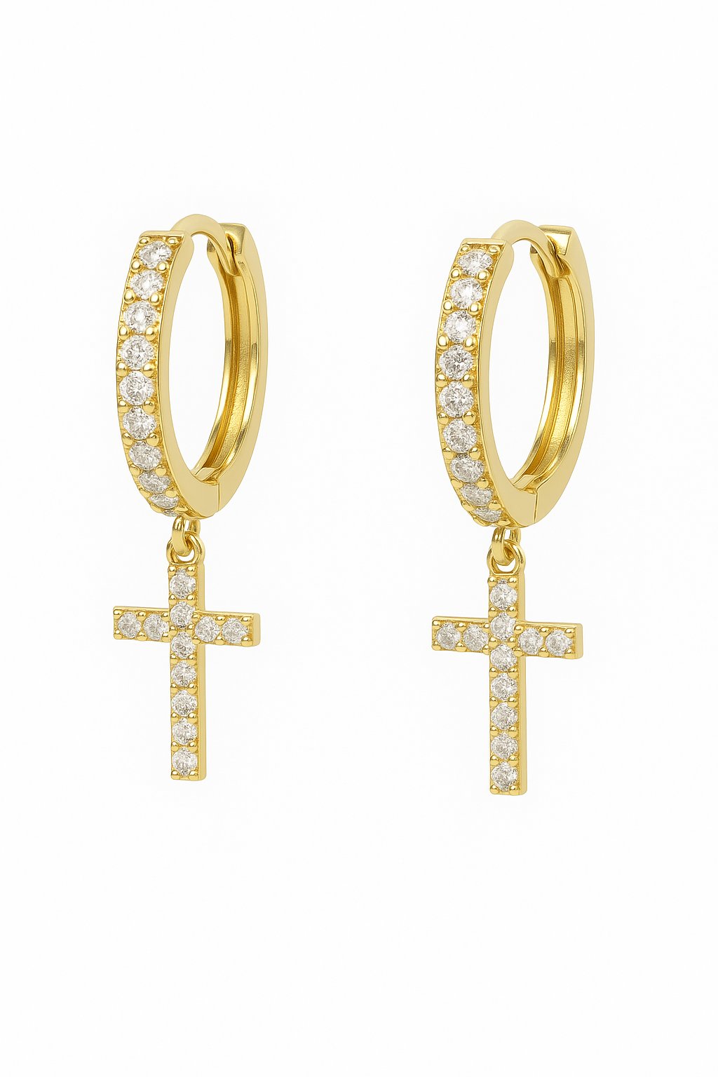 Gold hoop cross dangle earrings with clear cubic zirconia stones