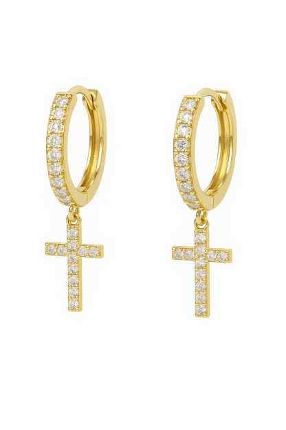 Gold hoop cross dangle earrings with clear cubic zirconia stones