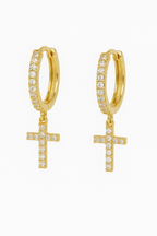 Gold hoop cross dangle earrings with cubic zirconia