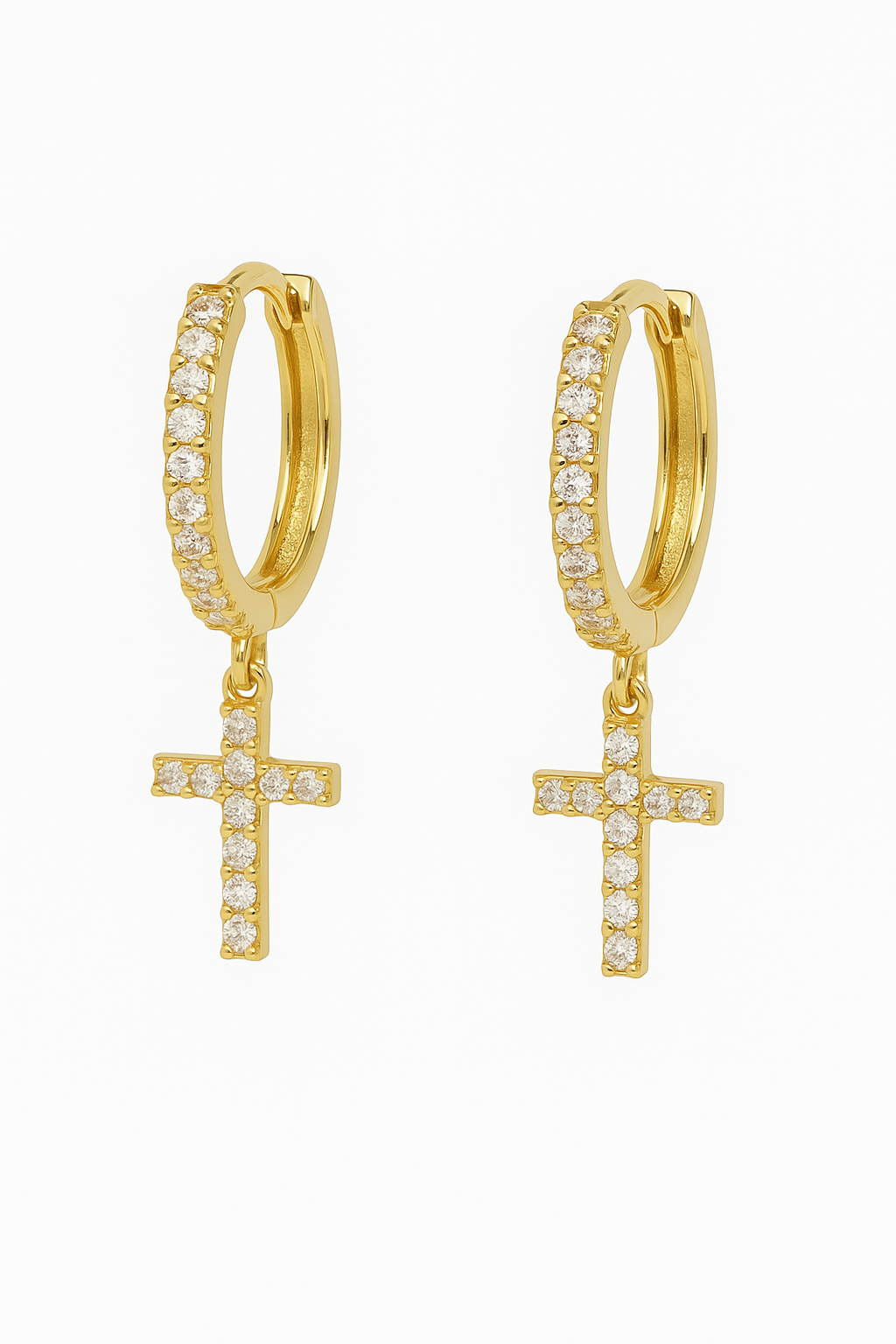 Gold hoop cross dangle earrings with cubic zirconia
